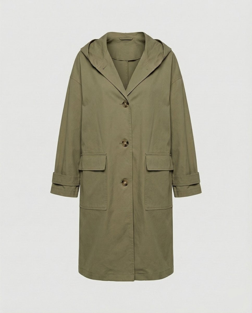 Ella | Women's Relaxed-Fit Knee-Length Hooded Button-Front Trench Coat - Green