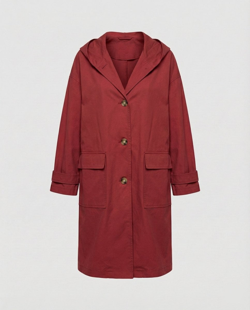 Ella | Women's Relaxed-Fit Knee-Length Hooded Button-Front Trench Coat - Red