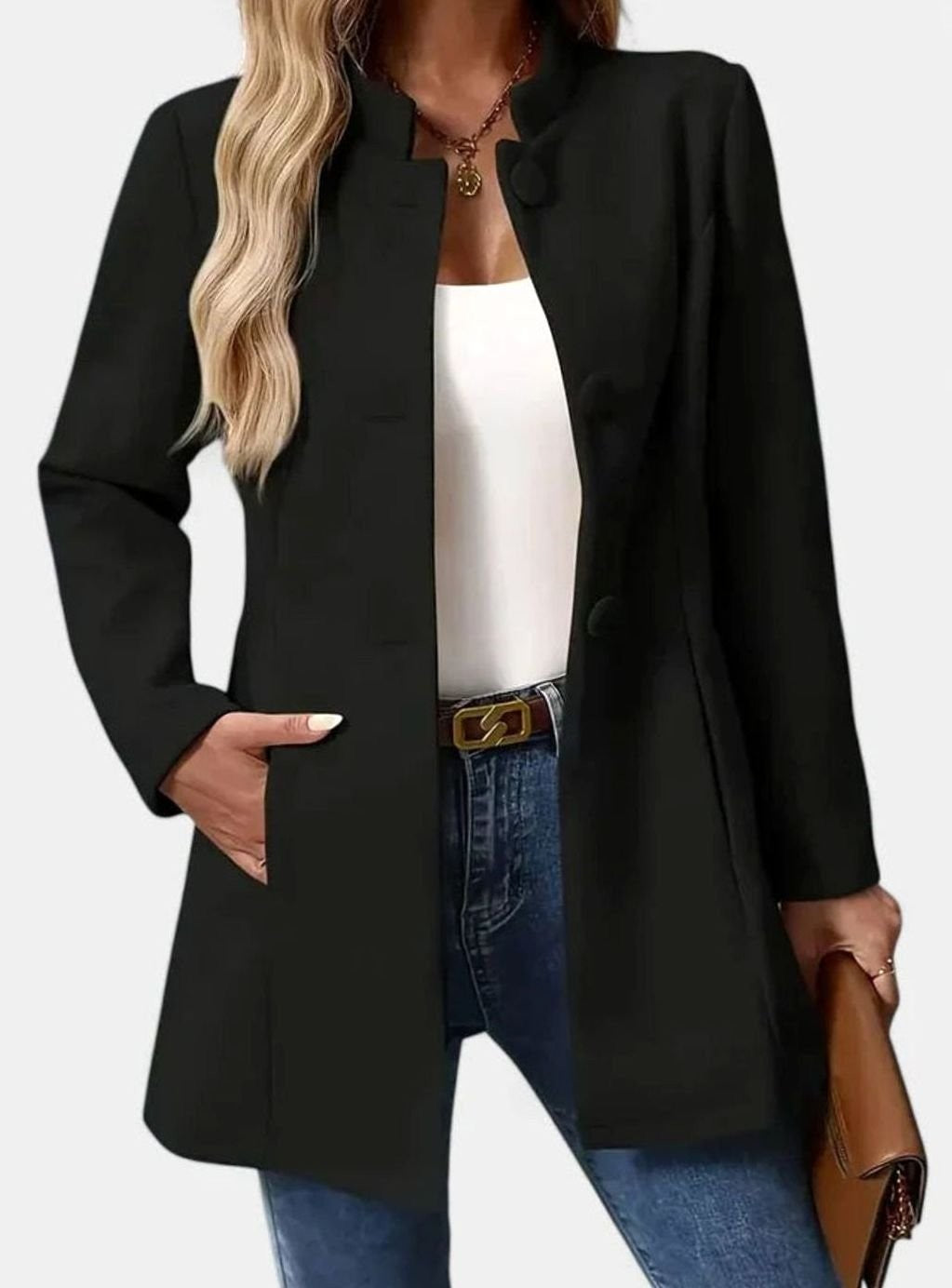 Ella | Women's Stand-Collar Single-Breasted Mid-Thigh Tailored Blazer - Black