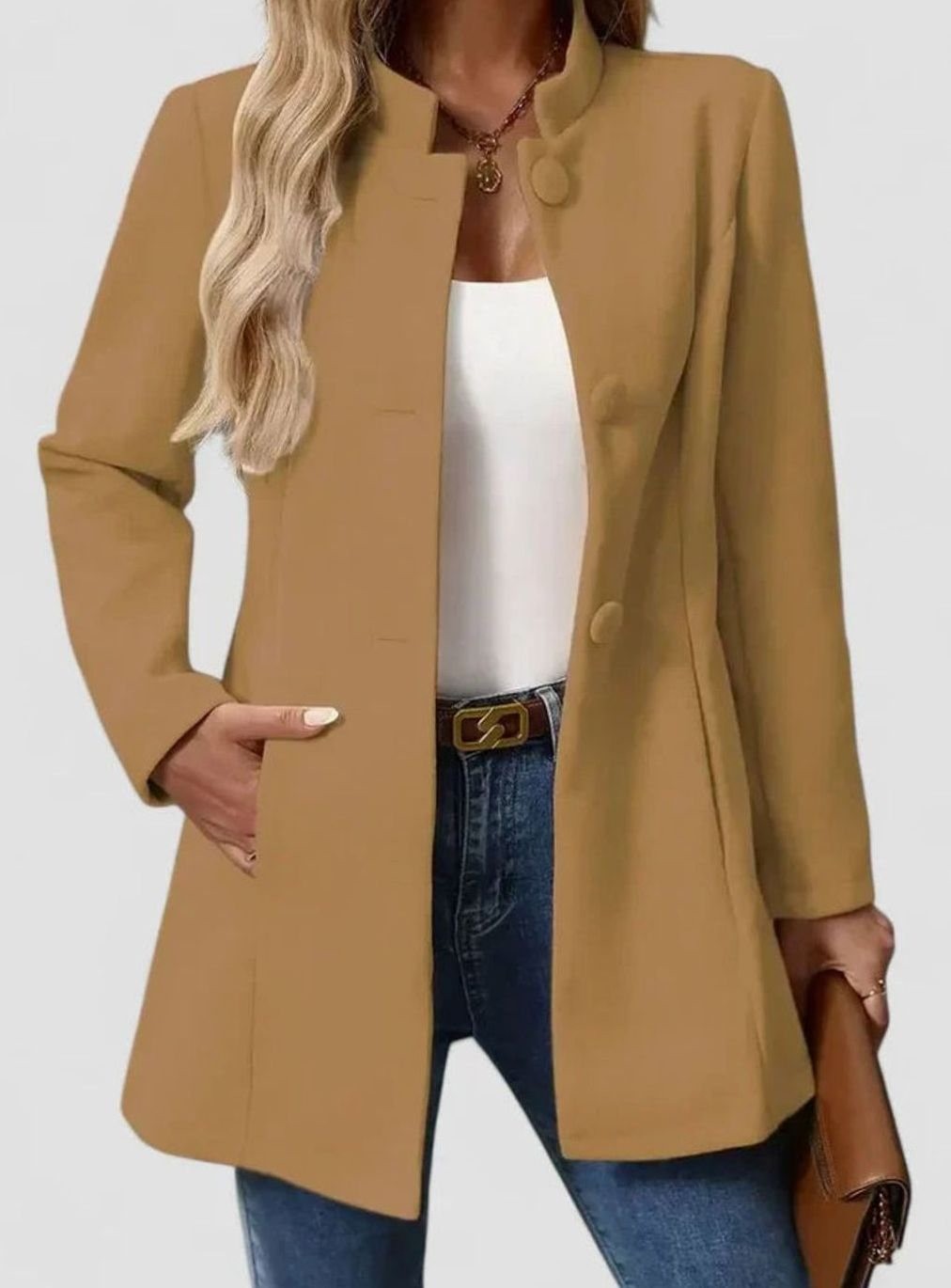 Ella | Women's Stand-Collar Single-Breasted Mid-Thigh Tailored Blazer - Camel