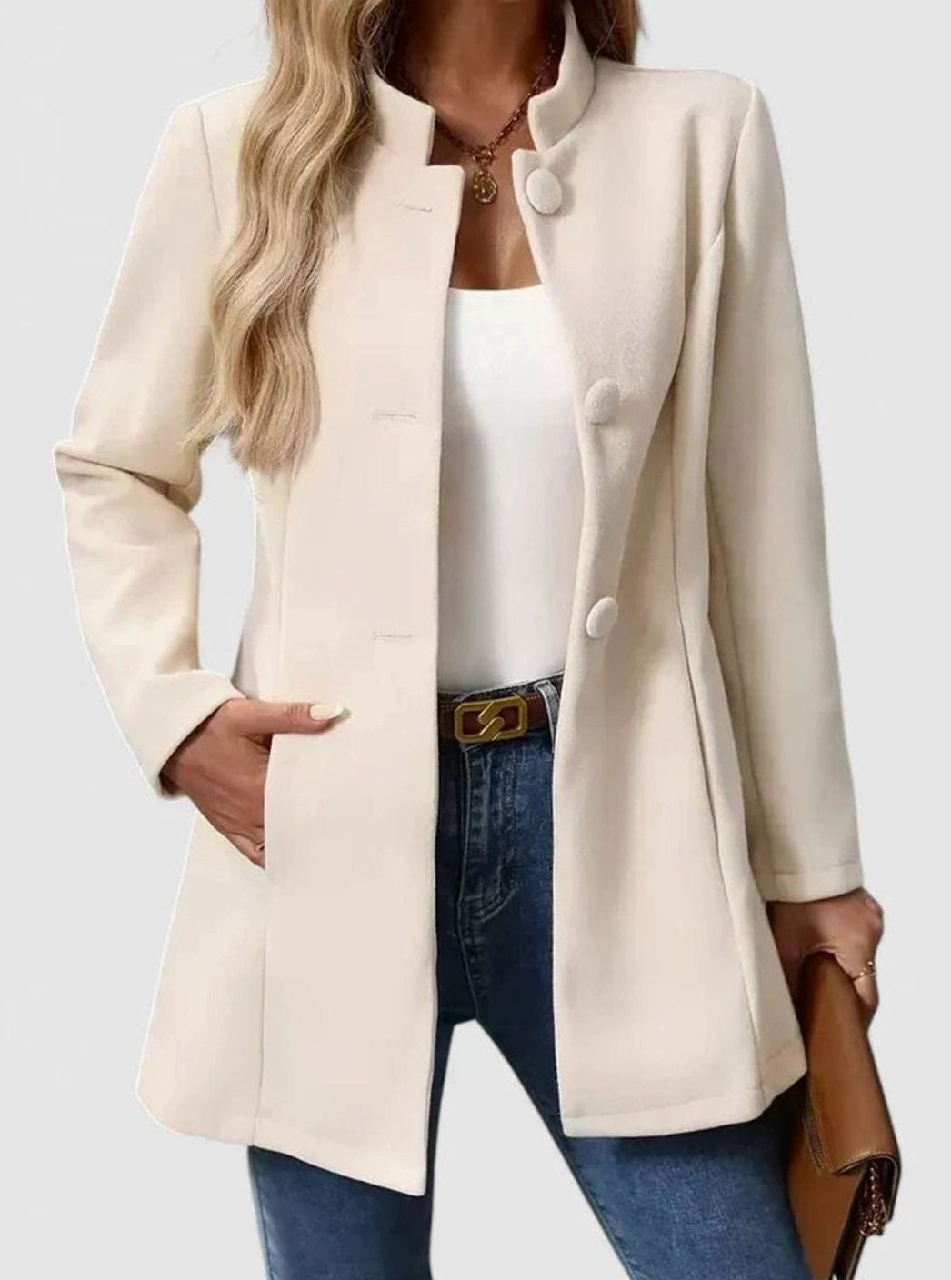 Ella | Women's Stand-Collar Single-Breasted Mid-Thigh Tailored Blazer - Cream