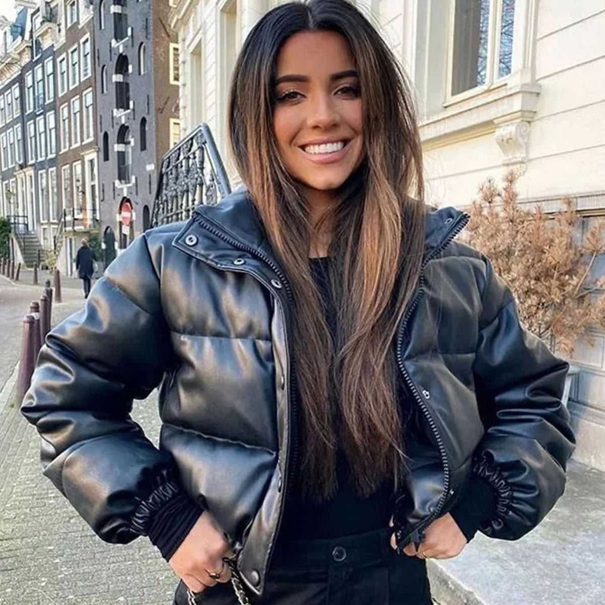 Ella | Women's Vegan Leather Quilted Cropped Puffer Jacket with Hood - Black