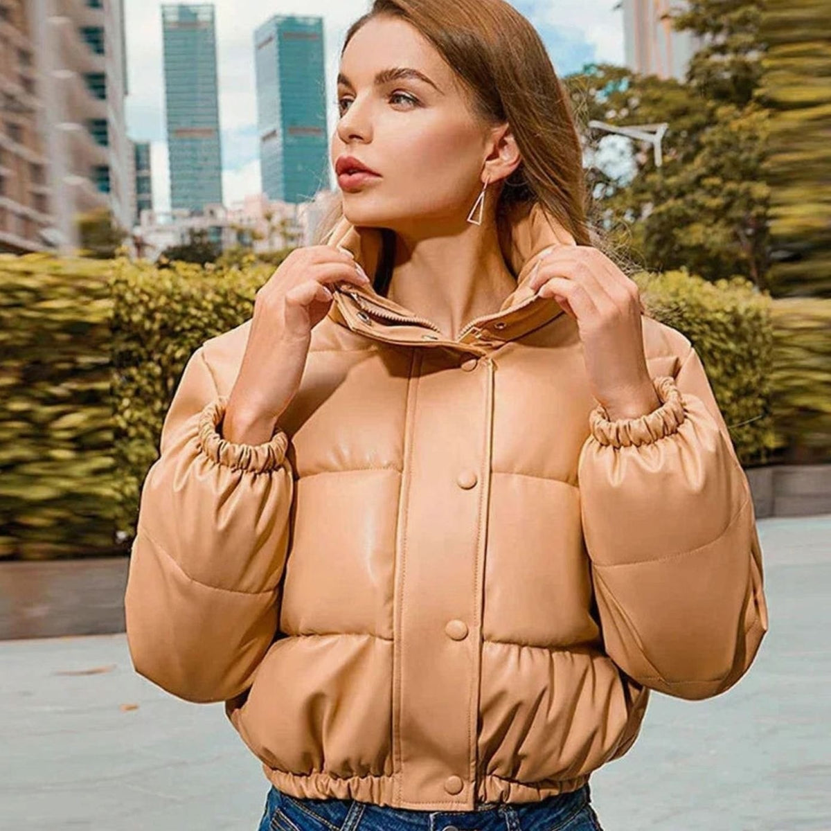 Ella | Women's Vegan Leather Quilted Cropped Puffer Jacket with Hood - Khaki