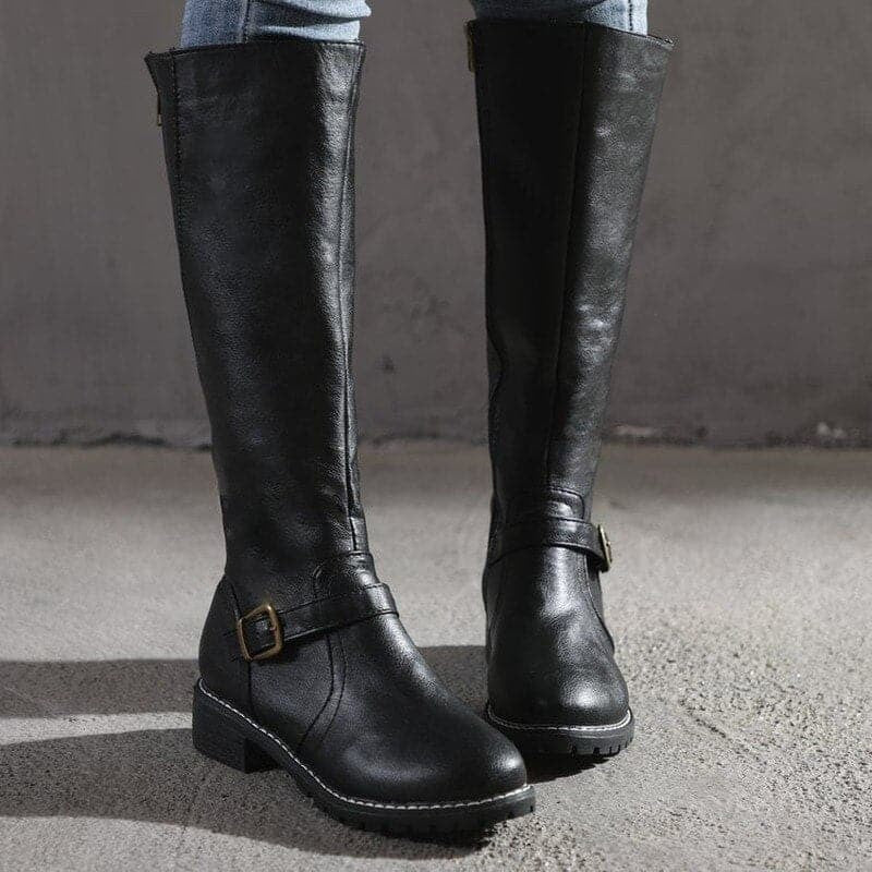Elsie | Women's Buckle Knee-High Boots with Side-Zip and Low Heel - Black