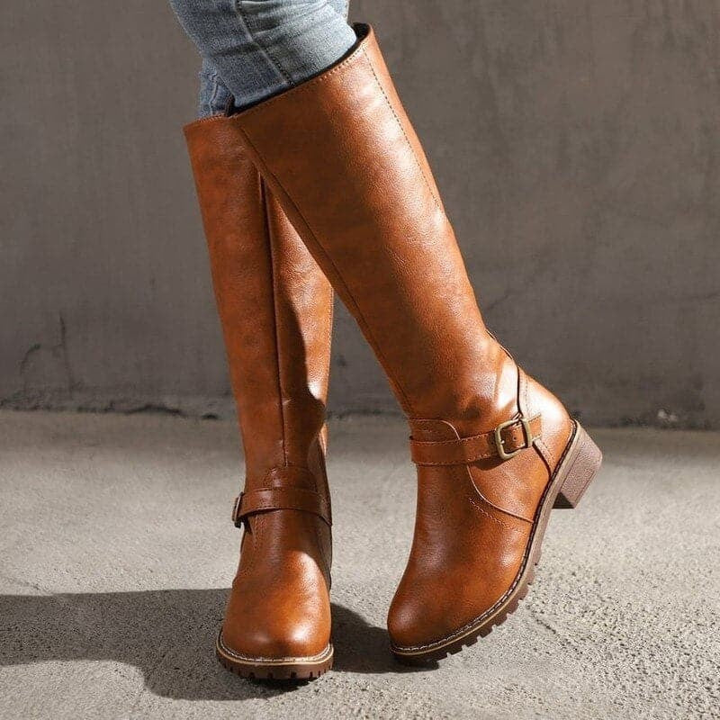 Elsie | Women's Buckle Knee-High Boots with Side-Zip and Low Heel - Brown