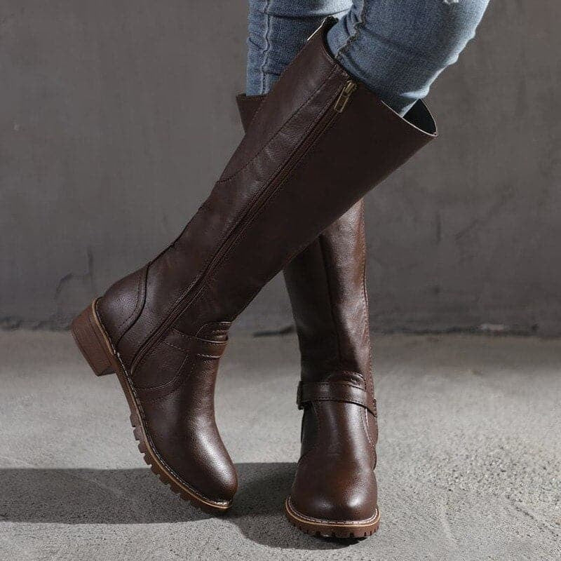 Elsie | Women's Buckle Knee-High Boots with Side-Zip and Low Heel - Dark Brown