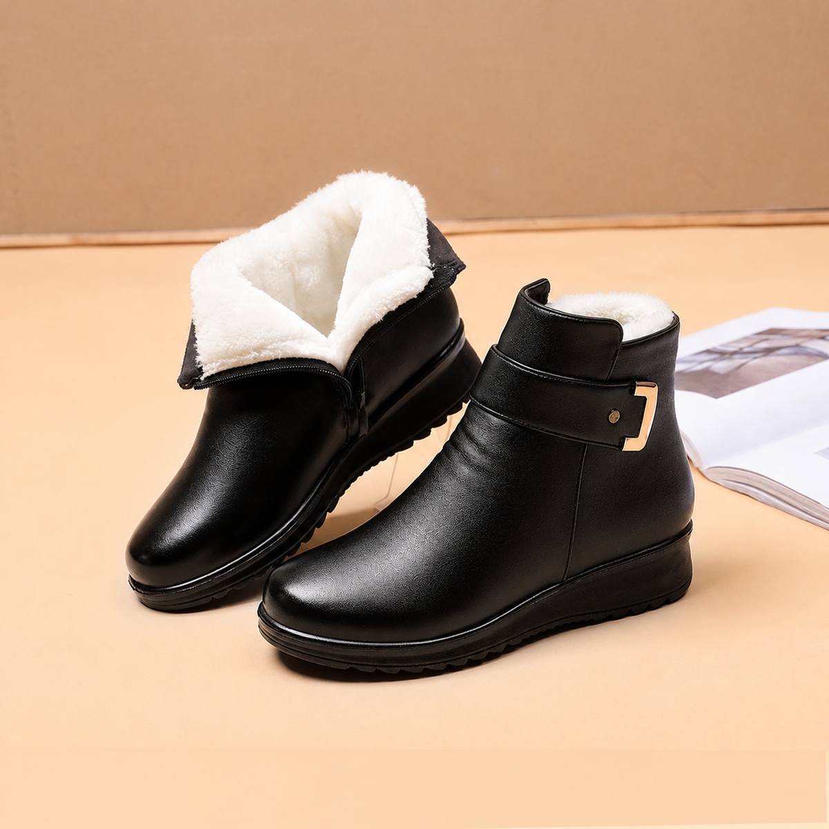 Elsie | Women's Fleece-Lined Ankle Boot with Side Zip and Buckle Strap - Black