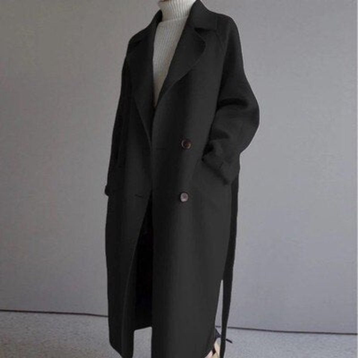 Elsie | Women's Relaxed-Fit Longline Double-Breasted Notch-Lapel Coat - Black