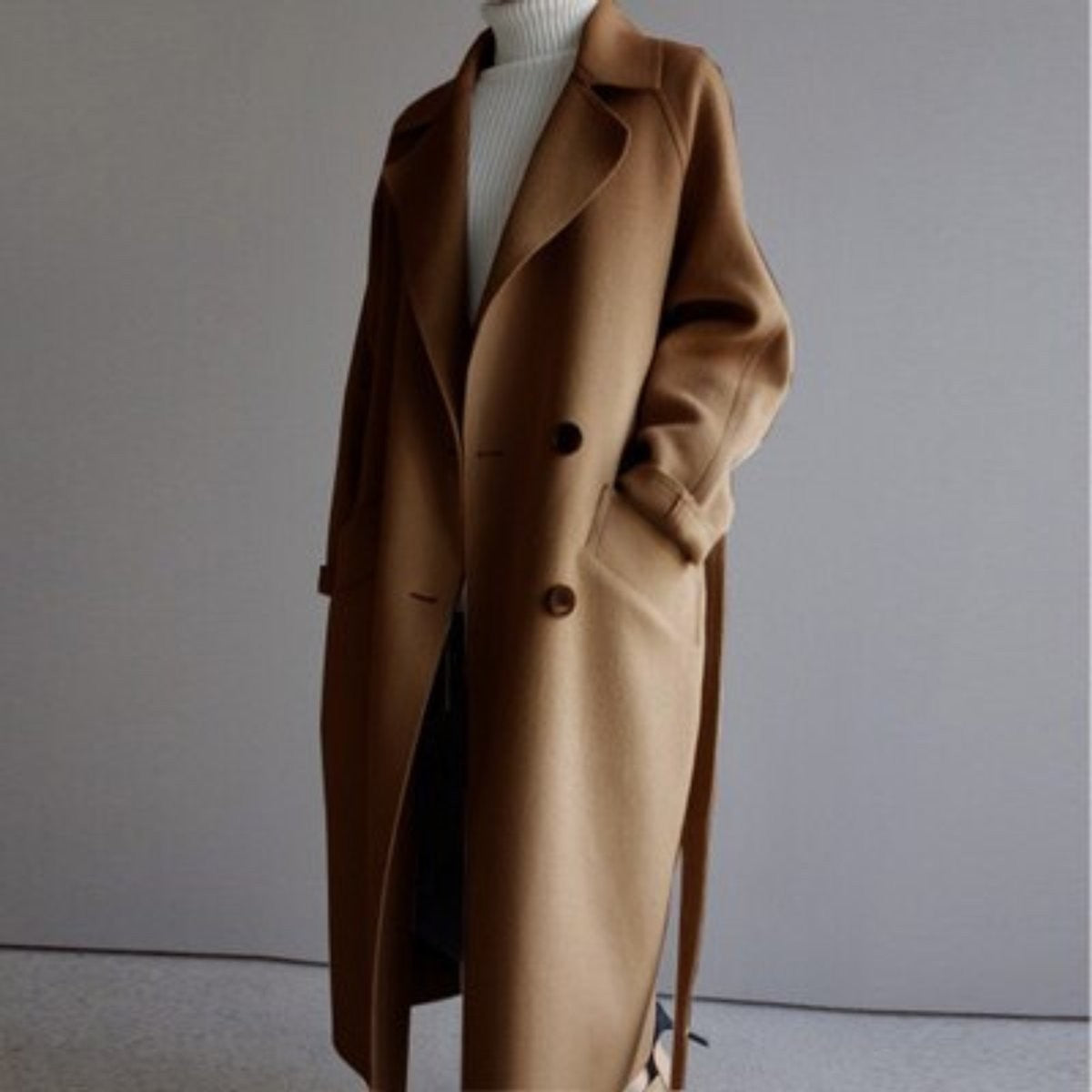 Elsie | Women's Relaxed-Fit Longline Double-Breasted Notch-Lapel Coat - Caramel