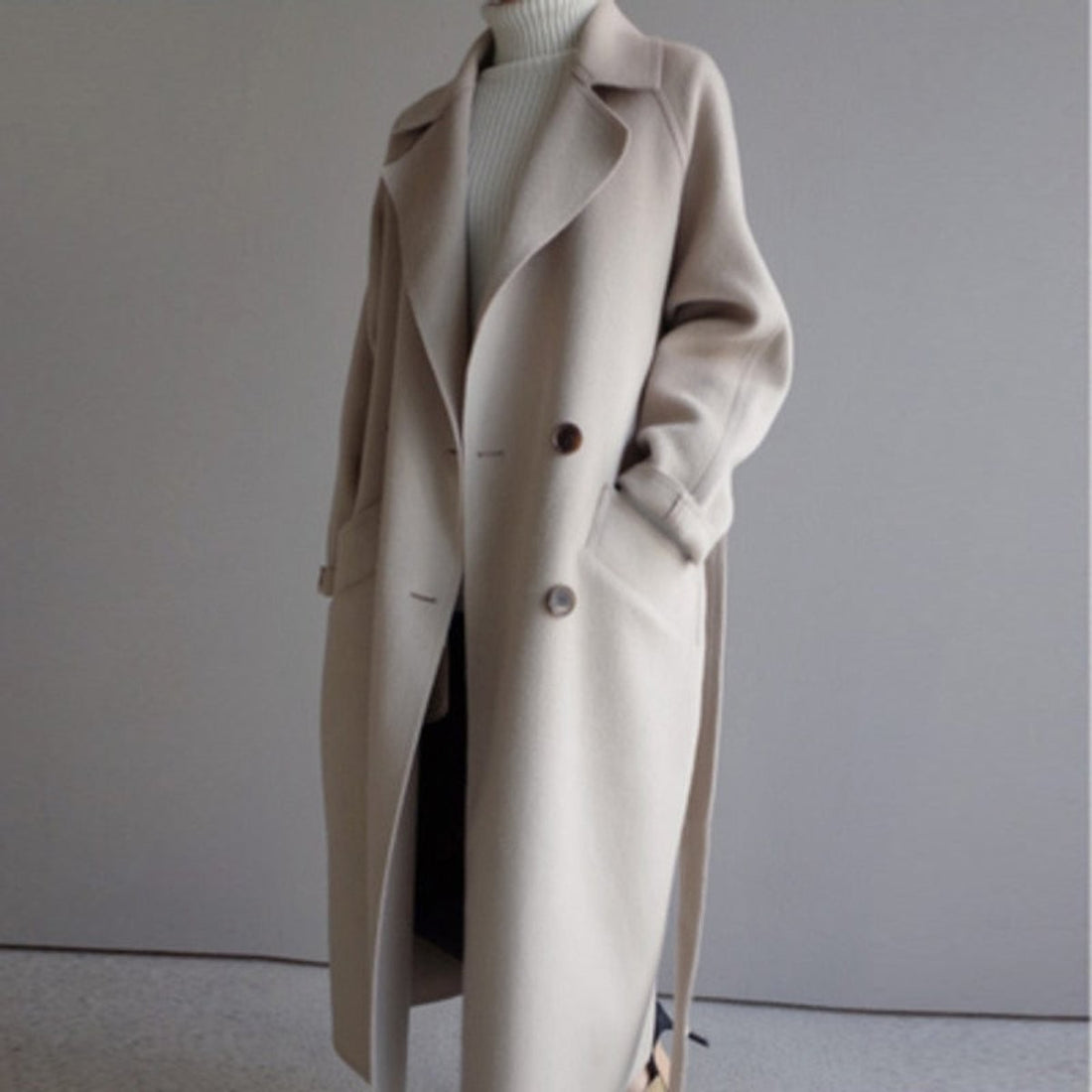Elsie | Women's Relaxed-Fit Longline Double-Breasted Notch-Lapel Coat - Off-White