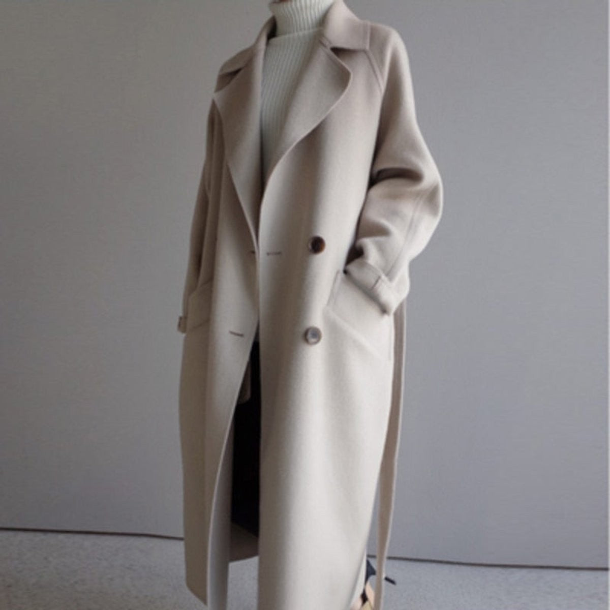 Elsie | Women's Relaxed-Fit Longline Double-Breasted Notch-Lapel Coat - Off-White