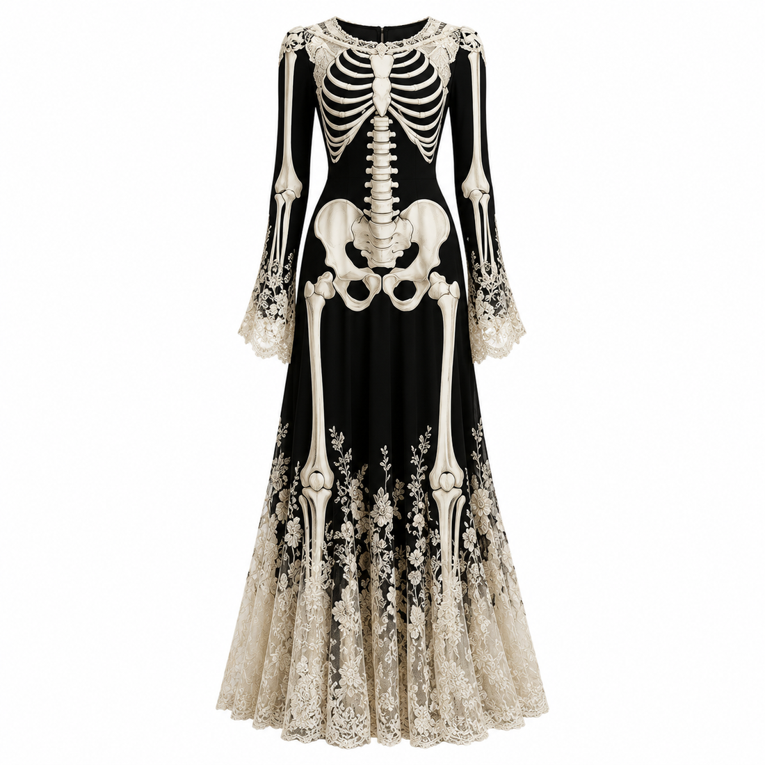 Elsie | Women's Round-Neck Bell-Sleeve Lace Dress with Skeleton Print - Black Skeleton