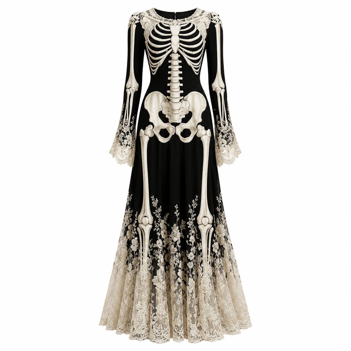 Elsie | Women's Round-Neck Bell-Sleeve Lace Dress with Skeleton Print - Black Skeleton