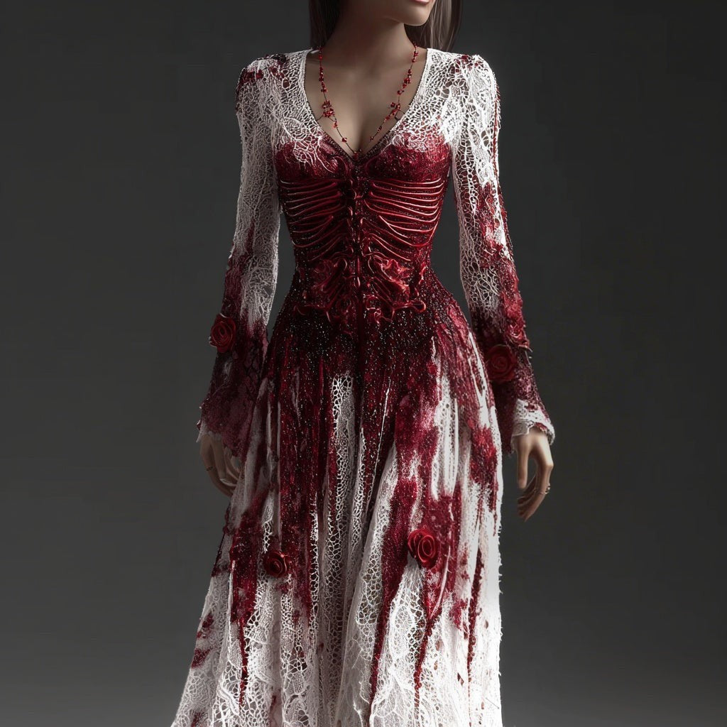 Elsie | Women's Round-Neck Bell-Sleeve Lace Dress with Skeleton Print - Red