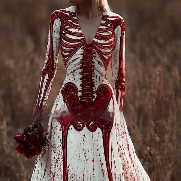Elsie | Women's Round-Neck Bell-Sleeve Lace Dress with Skeleton Print - Red Skeleton