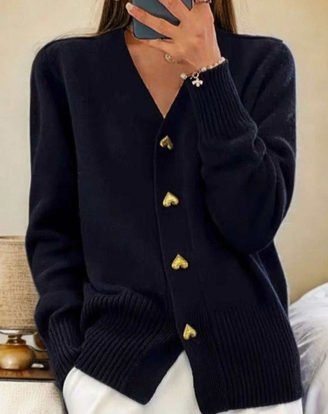 Elsie | Women's V-Neck Gold Heart-Button Ribbed Knit Cardigan - Black