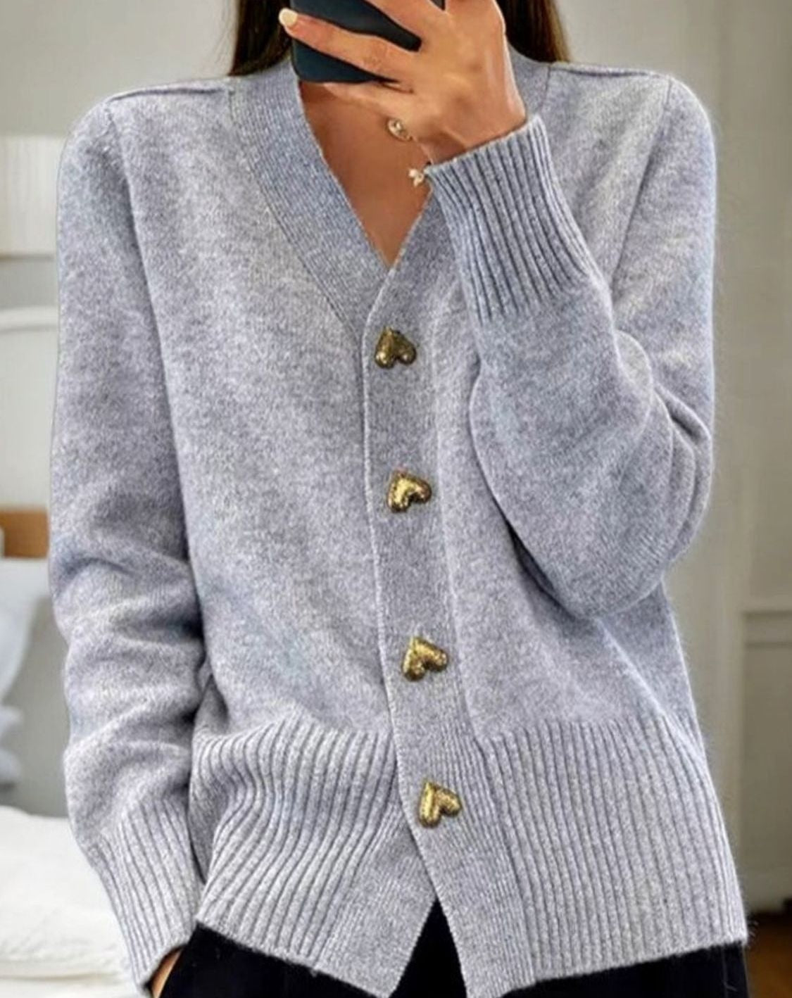 Elsie | Women's V-Neck Gold Heart-Button Ribbed Knit Cardigan - Gray