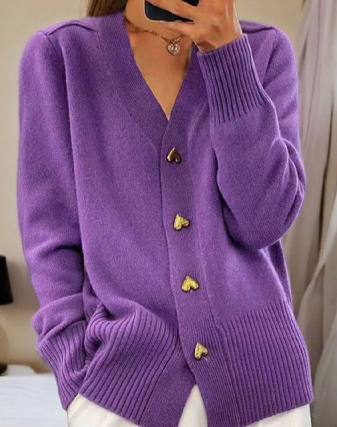 Elsie | Women's V-Neck Gold Heart-Button Ribbed Knit Cardigan - Purple