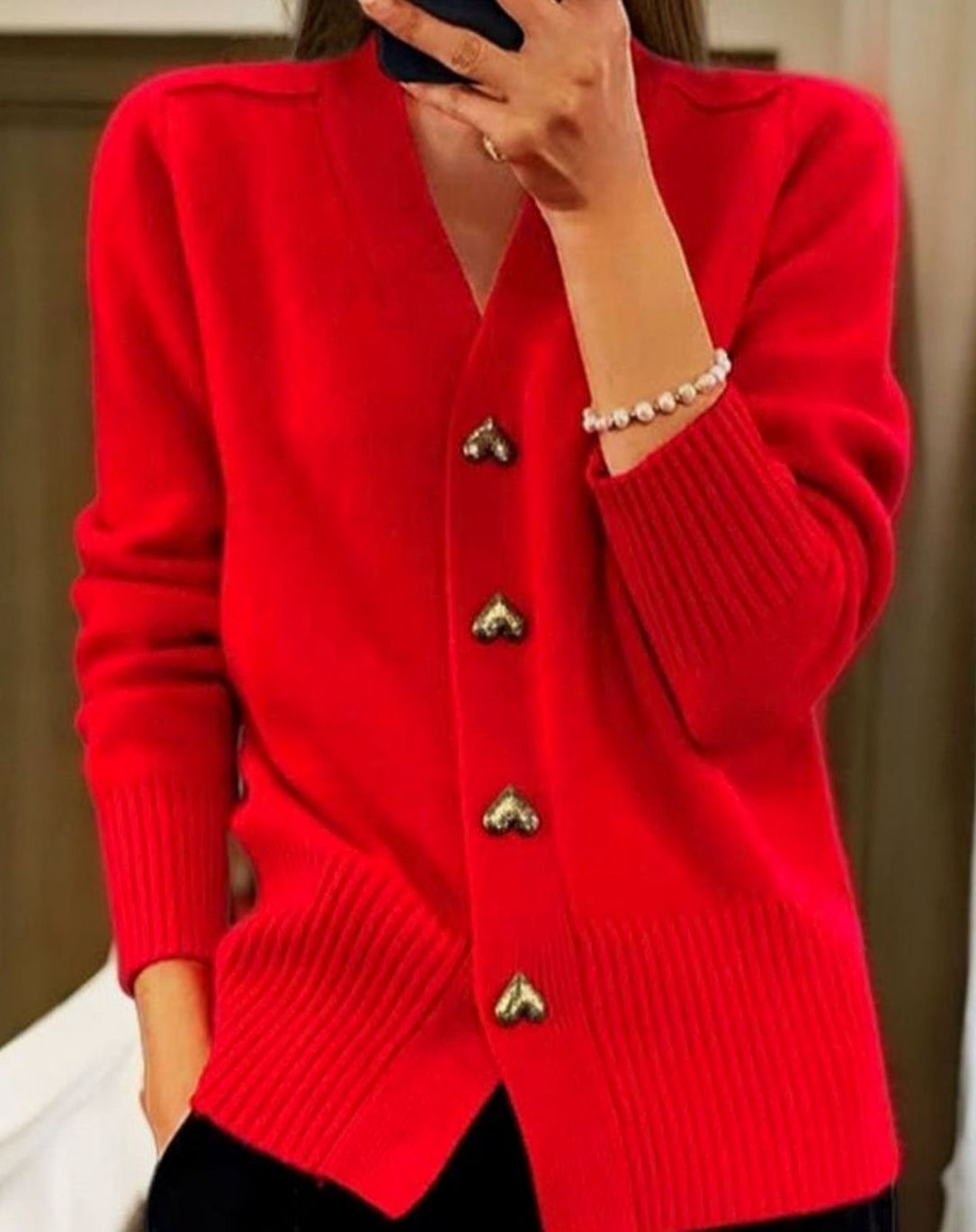 Elsie | Women's V-Neck Gold Heart-Button Ribbed Knit Cardigan - Red