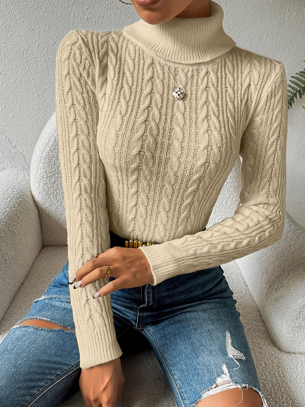 Emily | Women's Cable Knit Turtleneck Slim-Fit Long-Sleeve Jumper - Beige