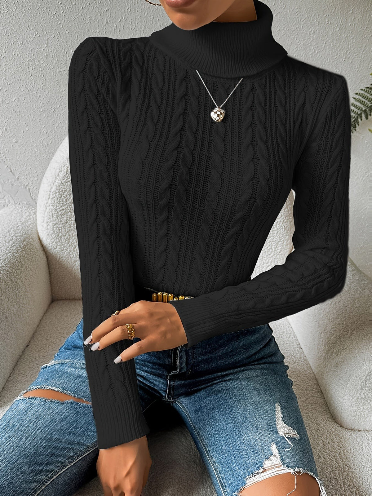 Emily | Women's Cable Knit Turtleneck Slim-Fit Long-Sleeve Jumper - Black