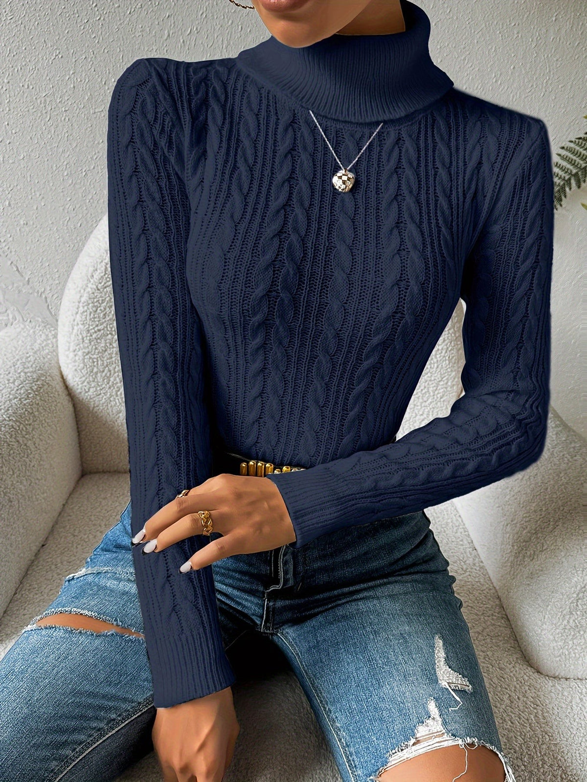 Emily | Women's Cable Knit Turtleneck Slim-Fit Long-Sleeve Jumper - Dark Blue