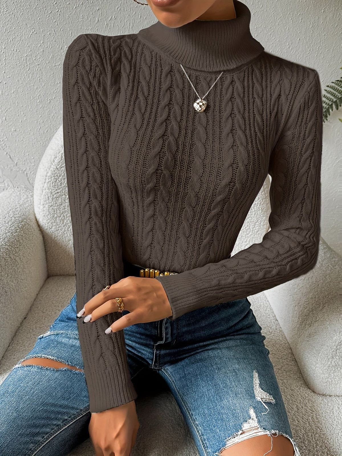Emily | Women's Cable Knit Turtleneck Slim-Fit Long-Sleeve Jumper - Dark Grey