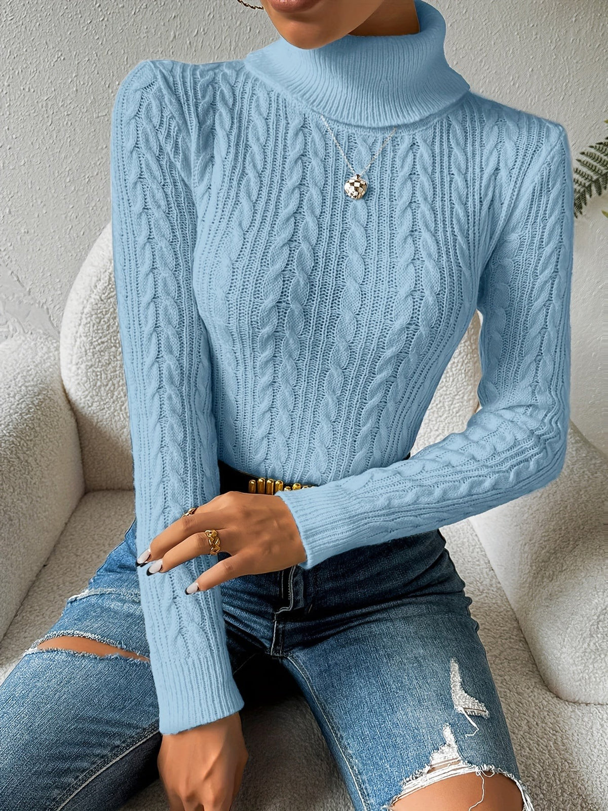 Emily | Women's Cable Knit Turtleneck Slim-Fit Long-Sleeve Jumper - Light Blue