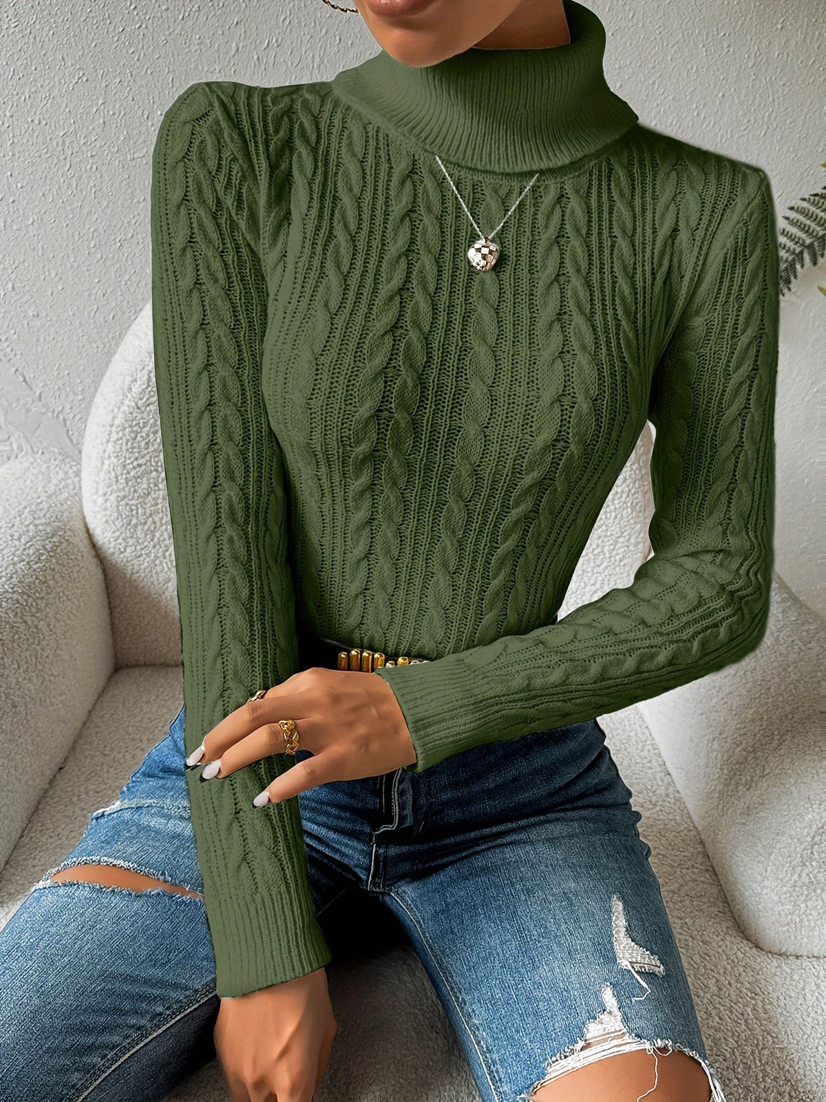 Emily | Women's Cable Knit Turtleneck Slim-Fit Long-Sleeve Jumper - Olive Green