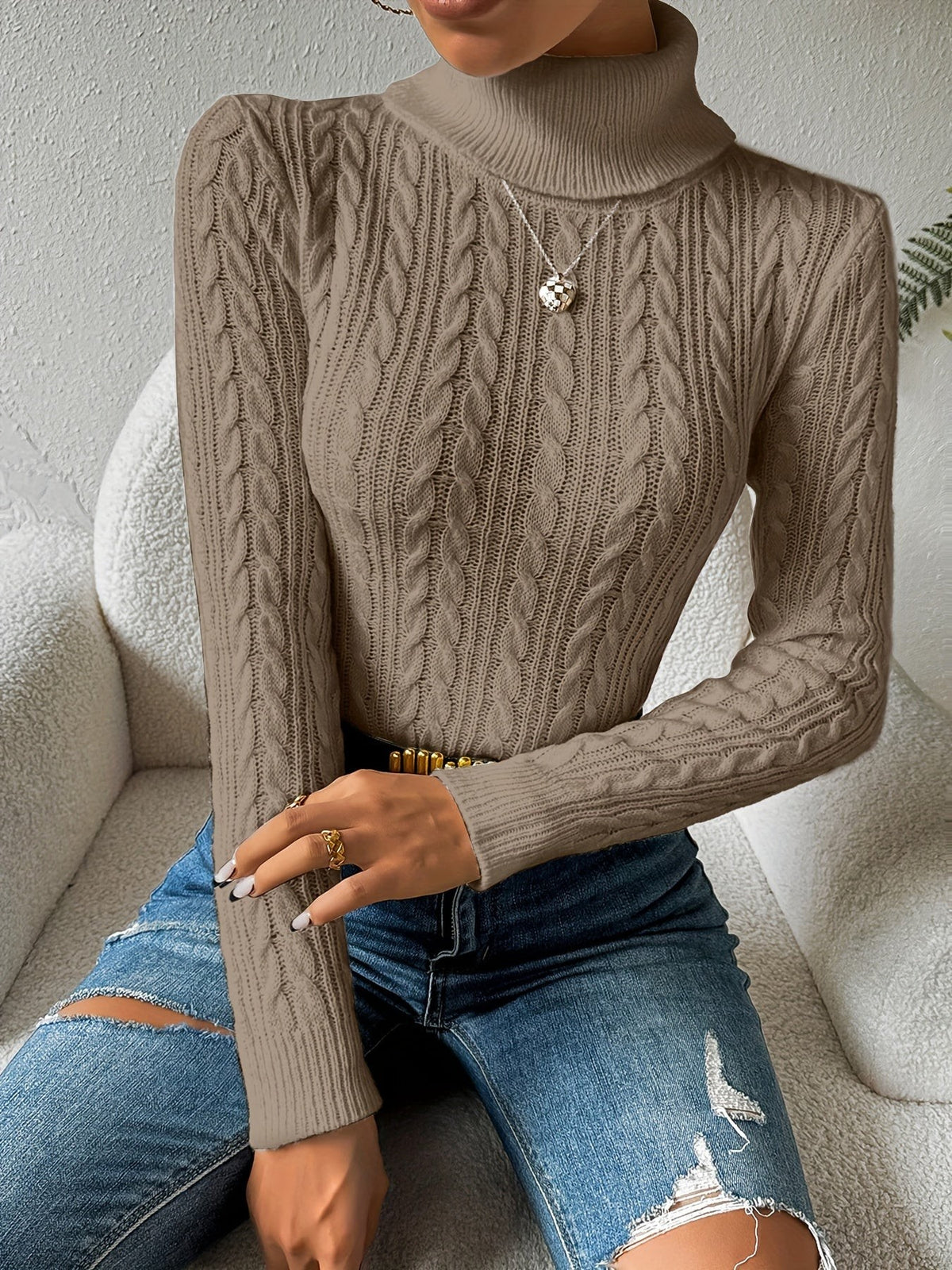 Emily | Women's Cable Knit Turtleneck Slim-Fit Long-Sleeve Jumper - White
