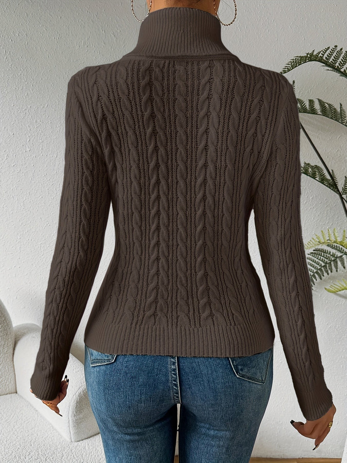 Emily | Women's Cable Knit Turtleneck Slim-Fit Long-Sleeve Jumper - White