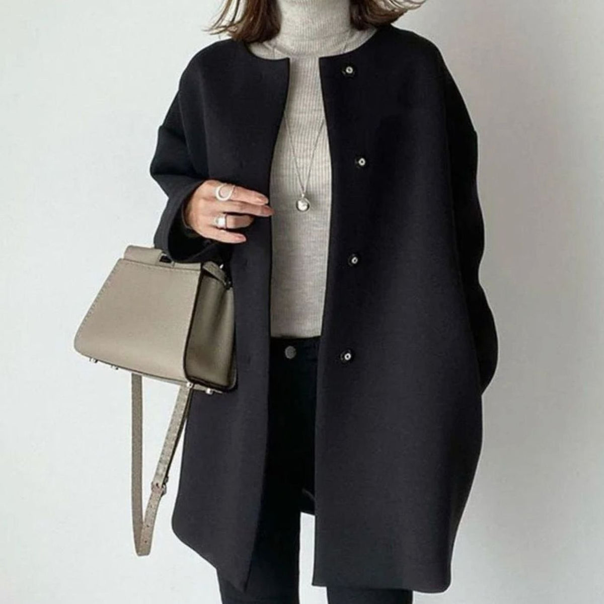 Emily | Women's Collarless Snap-Button Longline Oversized Coat - Black