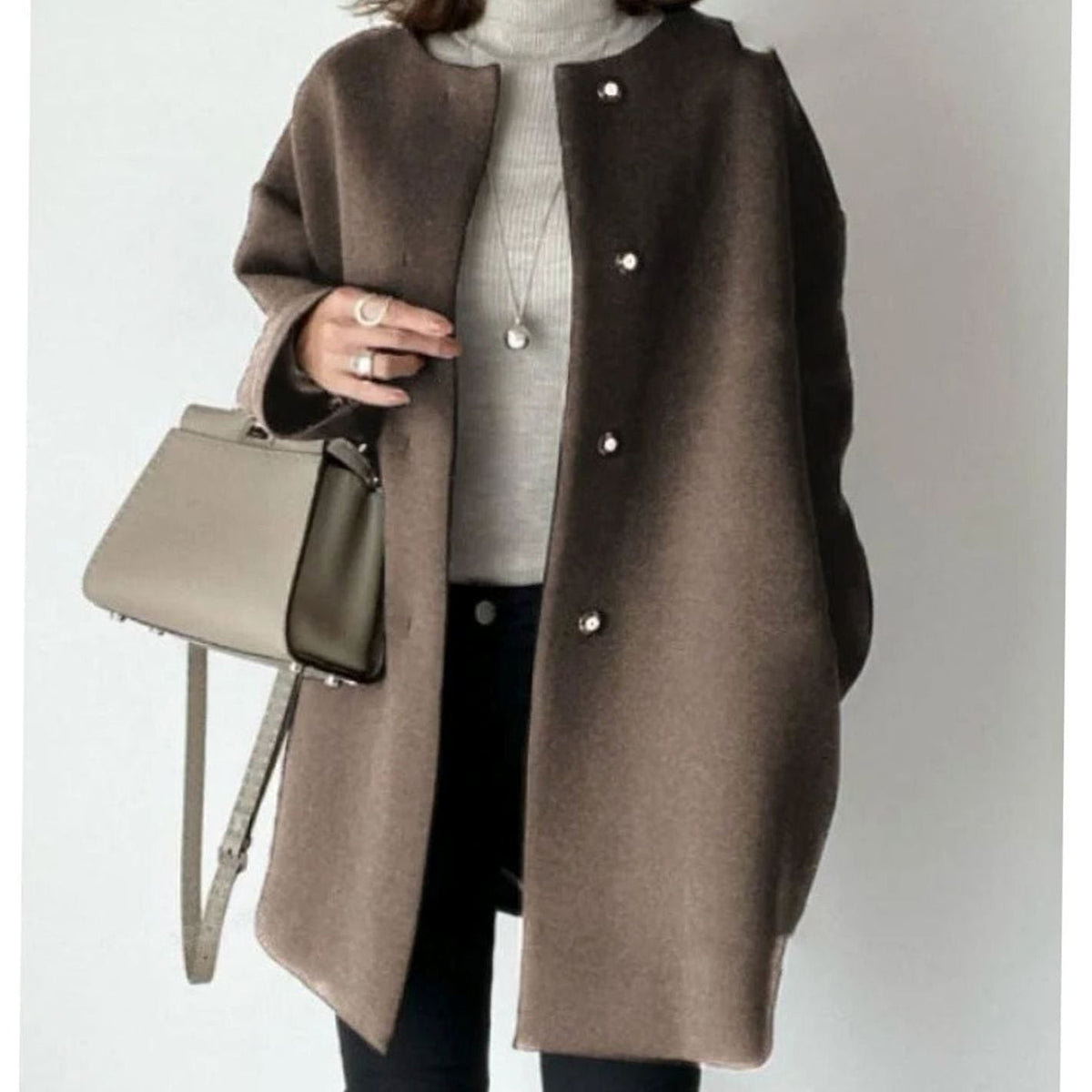 Emily | Women's Collarless Snap-Button Longline Oversized Coat - Brown