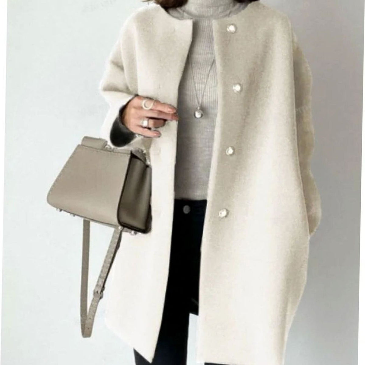 Emily | Women's Collarless Snap-Button Longline Oversized Coat - White