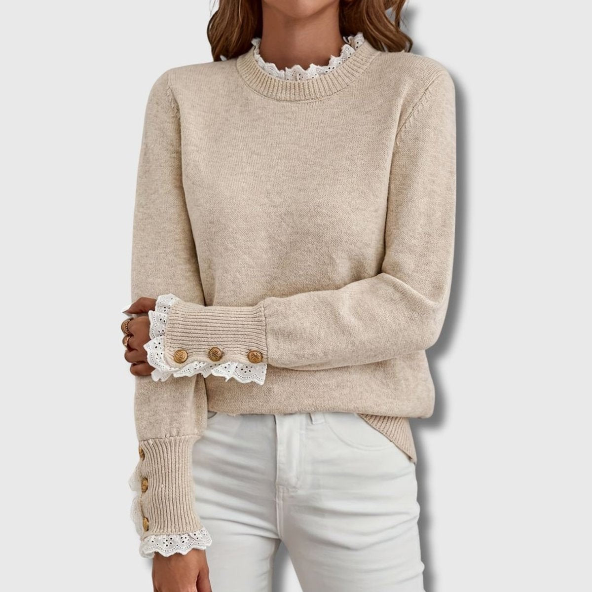 Emily | Women's Crew-Neck Lace-Trim Ribbed Button-Cuff Knit Sweater - Apricot