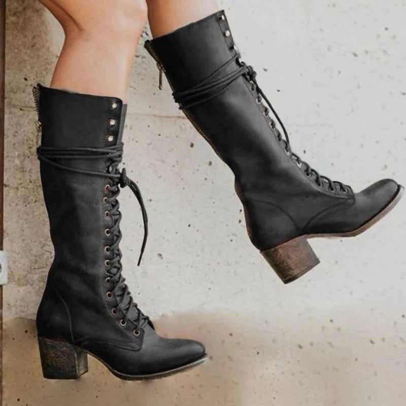 Emily | Women's Lace-Up Knee-High Vegan Leather Boots - Black