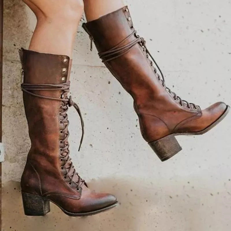 Emily | Women's Lace-Up Knee-High Vegan Leather Boots - Brown