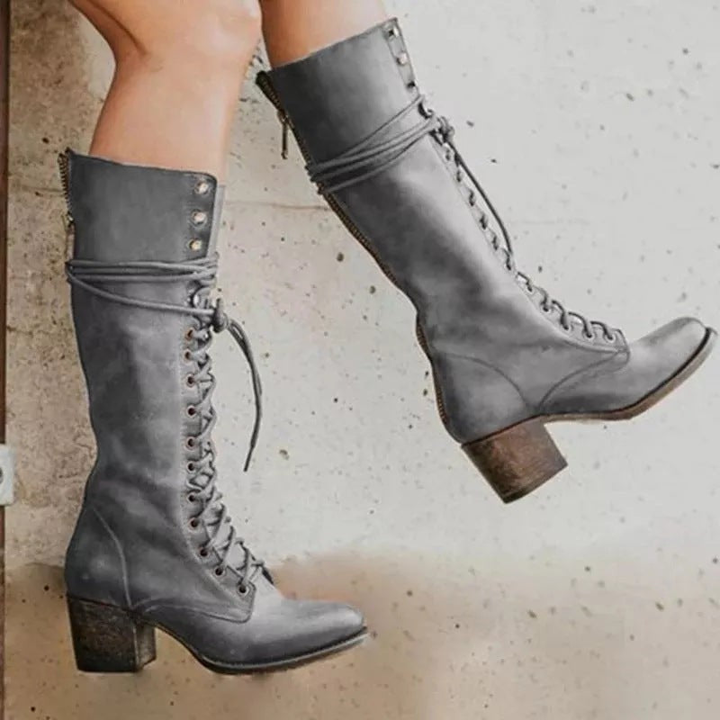 Emily | Women's Lace-Up Knee-High Vegan Leather Boots - Grey