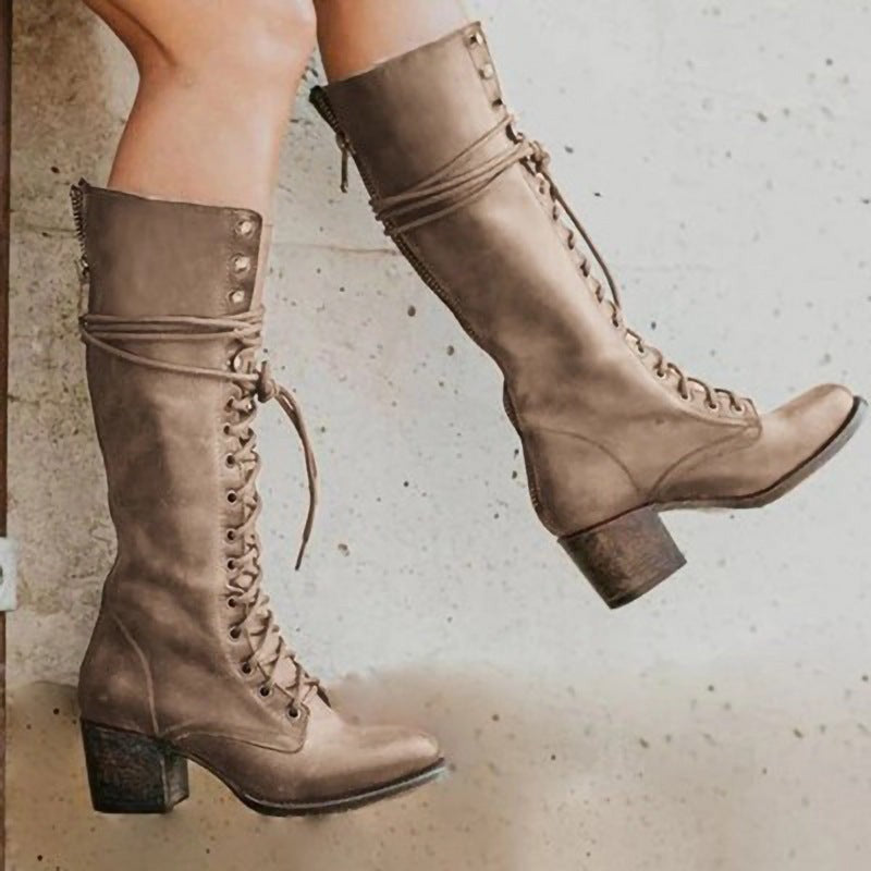 Emily | Women's Lace-Up Knee-High Vegan Leather Boots - Khaki