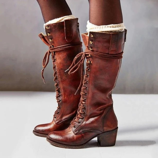 Emily | Women's Lace-Up Knee-High Vegan Leather Boots - Redish Brown