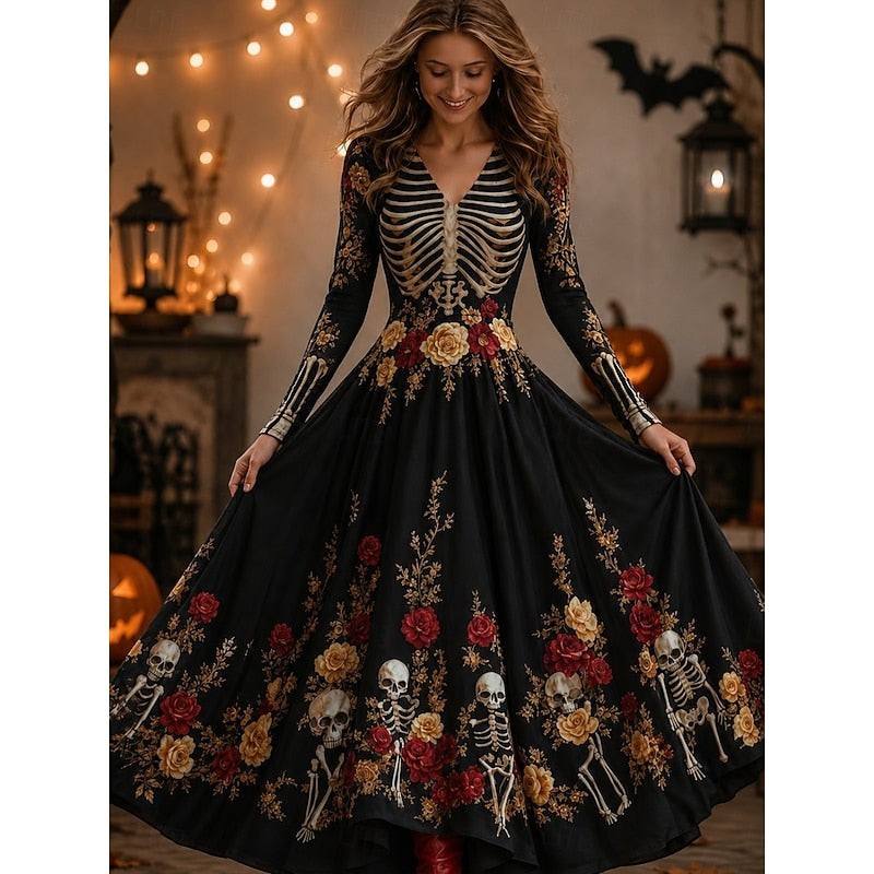 Emily | Women's V-Neck Long-Sleeve A-Line Skeleton-Print Maxi Dress - Black