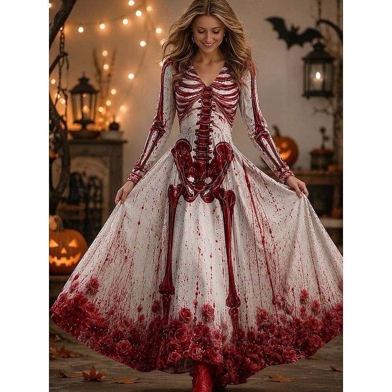 Emily | Women's V-Neck Long-Sleeve A-Line Skeleton-Print Maxi Dress - Red