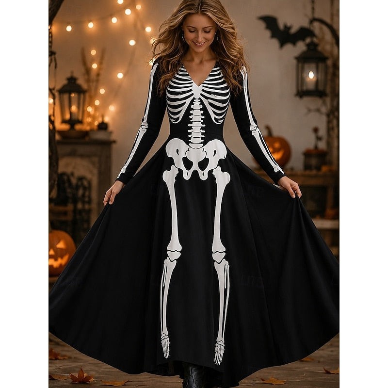 Emily | Women's V-Neck Long-Sleeve A-Line Skeleton-Print Maxi Dress - Red