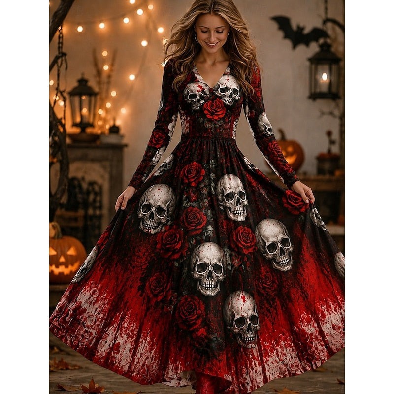 Emily | Women's V-Neck Long-Sleeve A-Line Skeleton-Print Maxi Dress - Wine