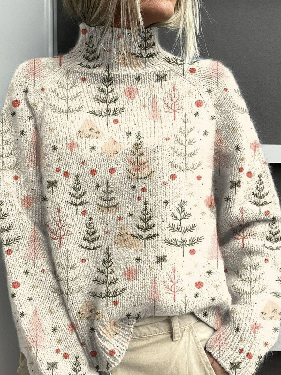 Evie | Women's Festive Tree Print Mock-Neck Relaxed-Fit Knit Jumper - Multicolor
