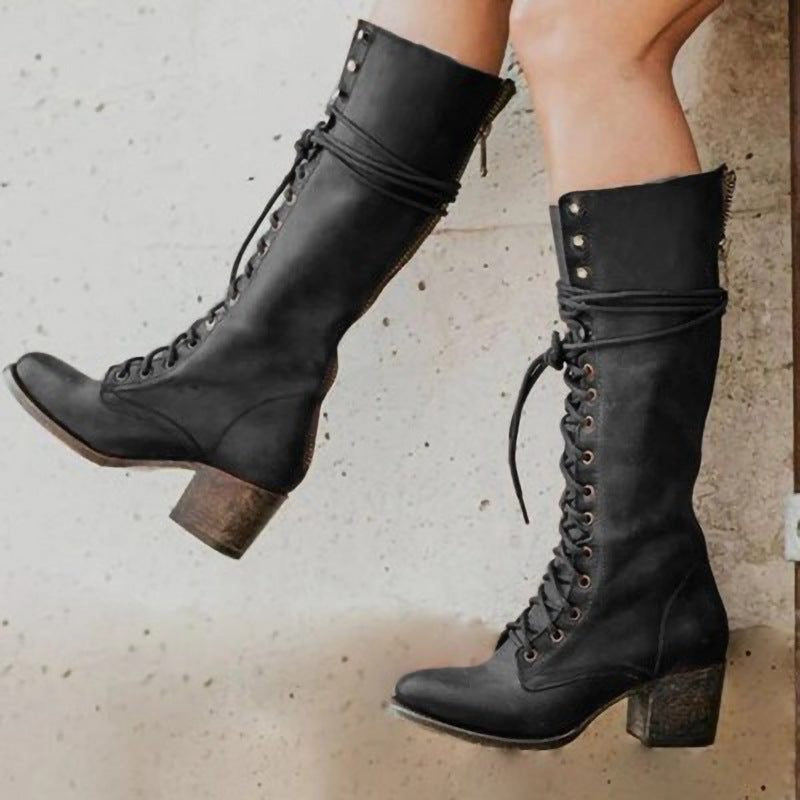 Evie | Women's Full Lace-Up Block Heel Knee-High Combat Boot - Black