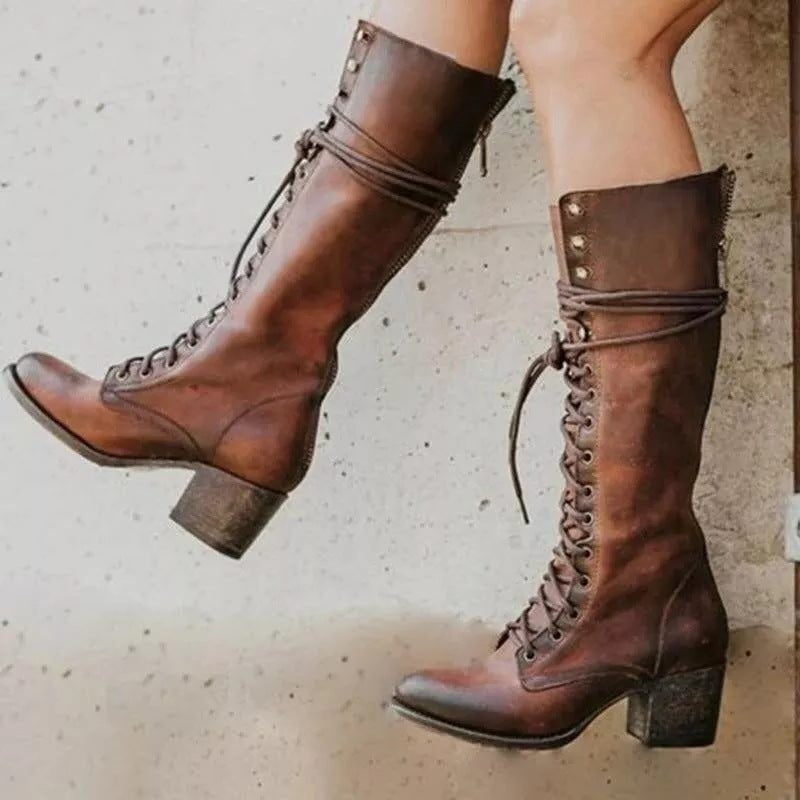 Evie | Women's Full Lace-Up Block Heel Knee-High Combat Boot - Brown