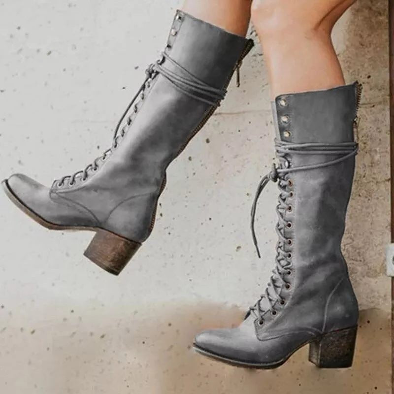 Evie | Women's Full Lace-Up Block Heel Knee-High Combat Boot - Gray