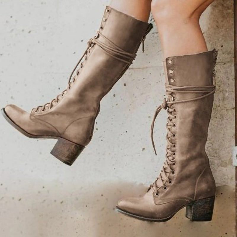 Evie | Women's Full Lace-Up Block Heel Knee-High Combat Boot - Khaki