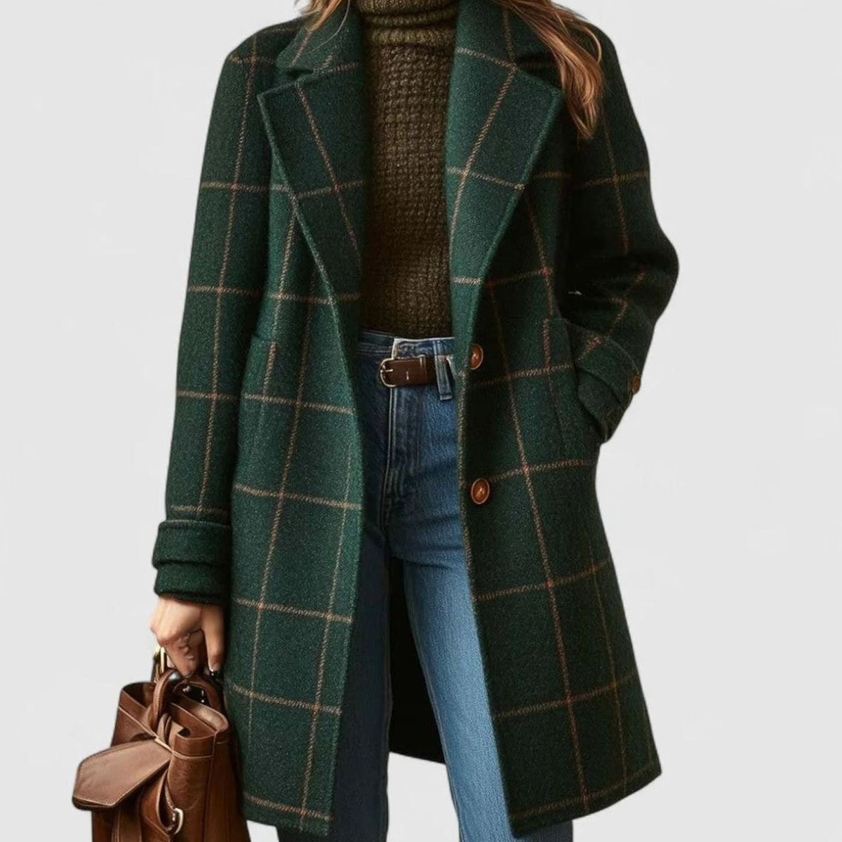 Evie | Women's Green Windowpane Notched-Lapel Button-Front Mid-Length Wool Coat - Dark Green